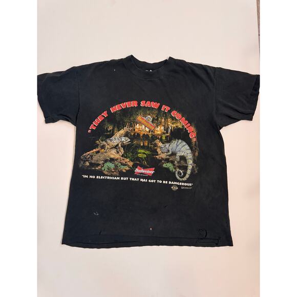 Vintage 1998 Budweiser They Never Saw It Coming T-Shirt Black Size XL - Picture 1 of 11
